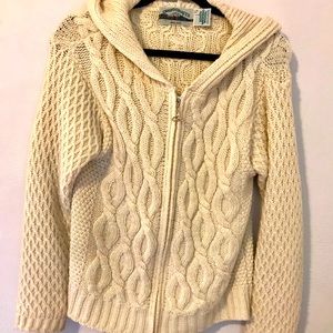 Natural 100% Soft Merino Wool Zip Hooded Irish Cable knit Cardigan Sweater.